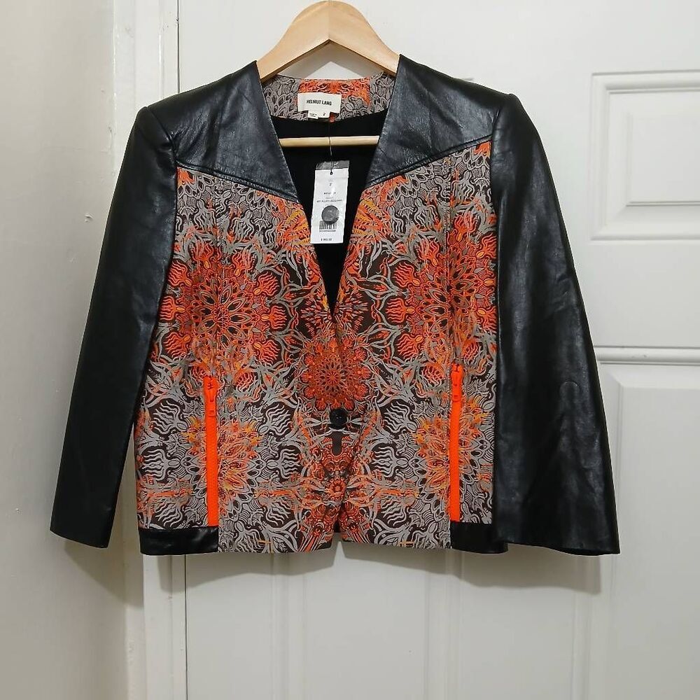 Helmut Lang women Sz 2 small lamb leather black orange light jacket $995 Spring